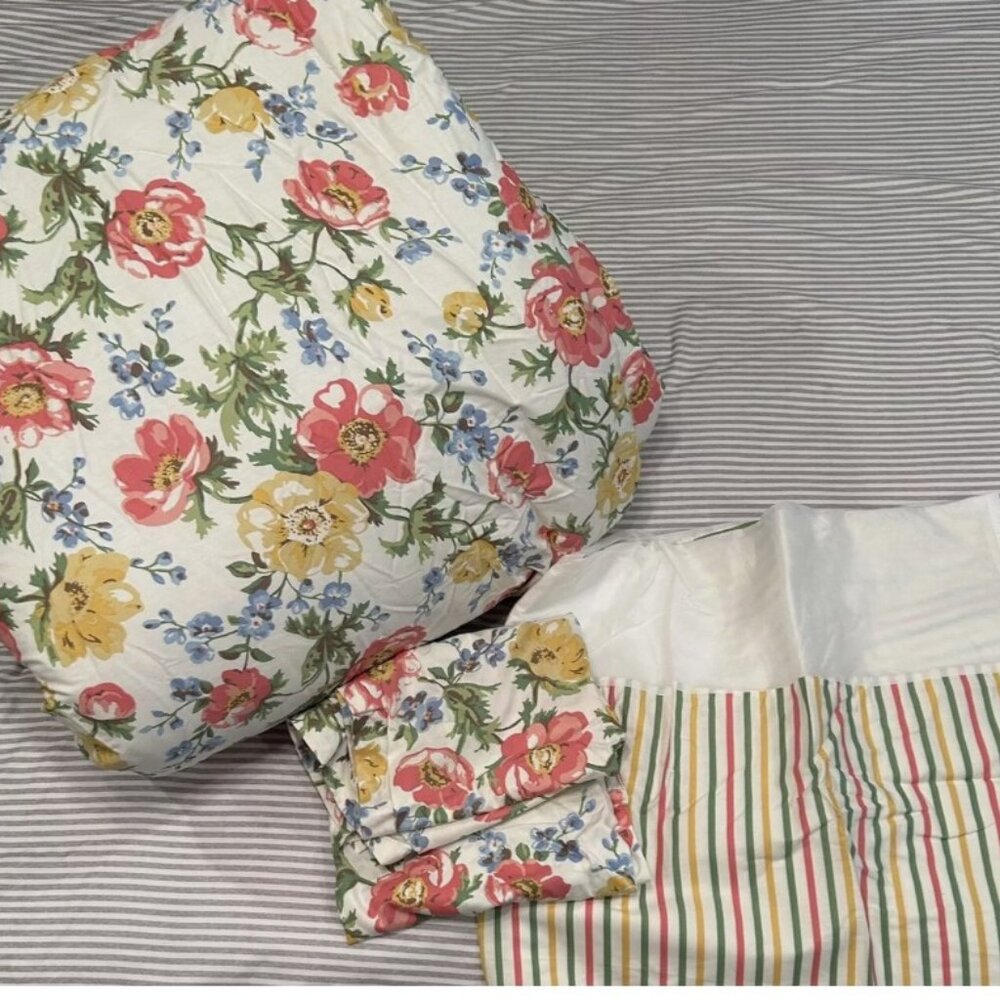 Lauren Ralph Lauren Queen Full White Pink Floral Stripe Comforter Set Shams RARE